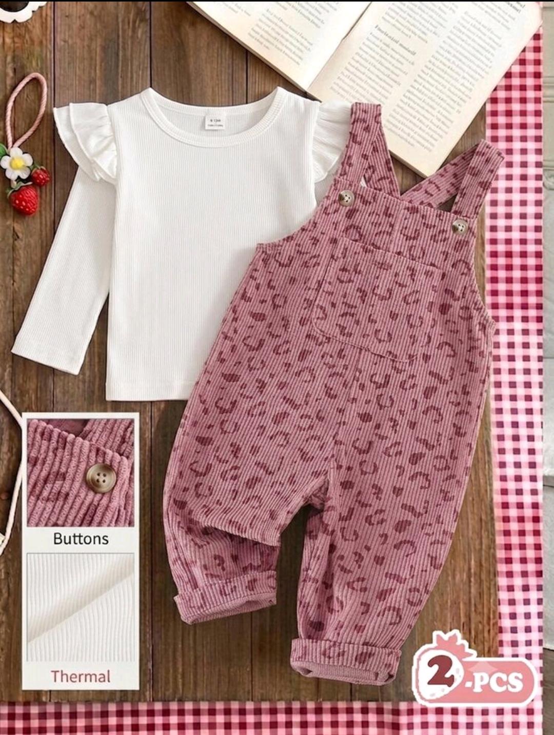 Baby Girl Heart Print Jumpsuit with Ribbed White Shirt