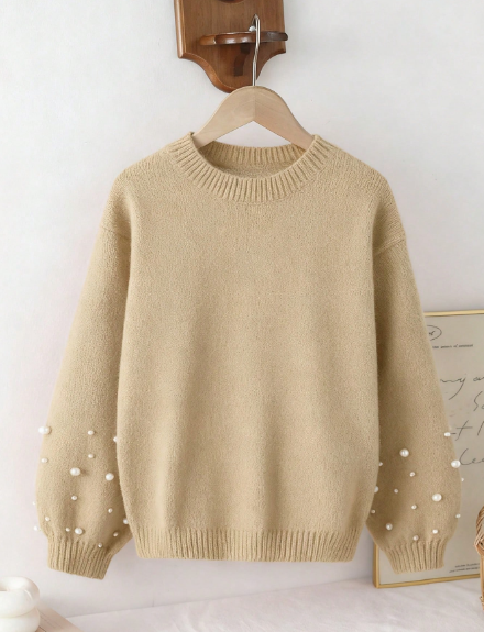 Girls Beige Pearl Embellished Knit Sweater Dress