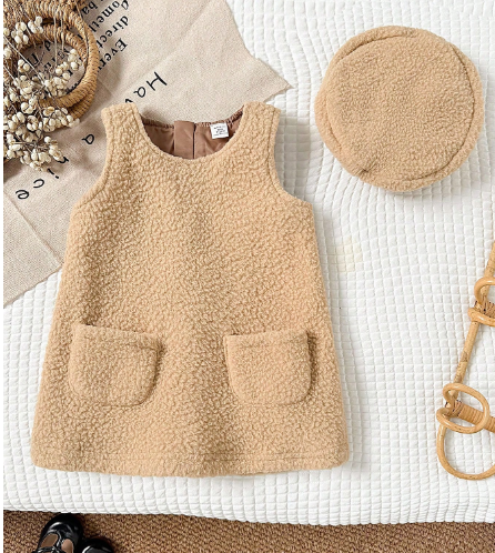 Baby Girl Teddy Fleece Pinafore Dress & Beret Set