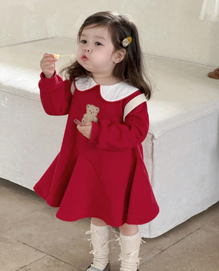 Baby Girl Red Bear Patch A-Line Dress