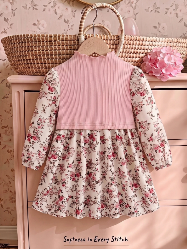 Girls Floral Long-Sleeve Dress with Pink Ribbed Bodice