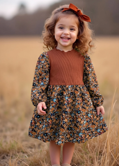 Girls Autumn Floral Smocked Bodice Dress