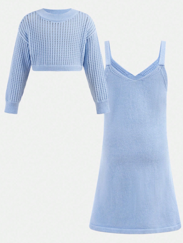 Girls Powder Blue Open Knit Crop Sweater & Slip Dress Set