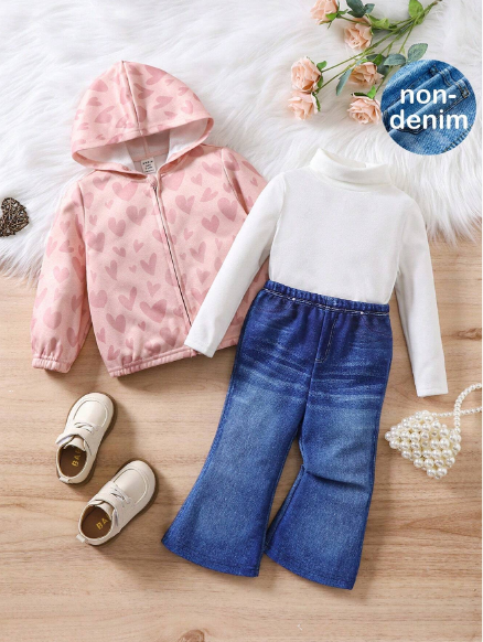 Girls 3-piece set with pink heart print hoodie, white turtleneck, and blue flare pants