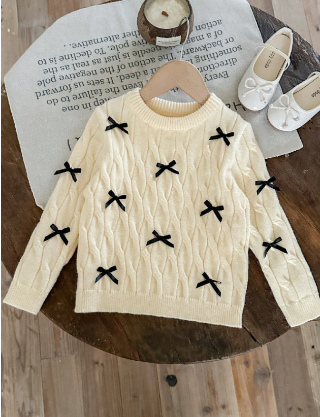 Girls Cream Cable Knit Sweater with Black Bow Detail