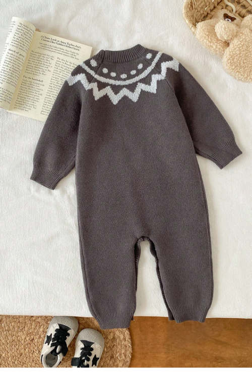 Baby Geometric Yoke Knit Romper — Charcoal Grey