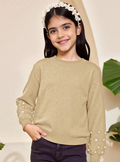 Girls Beige Pearl Embellished Knit Sweater Dress