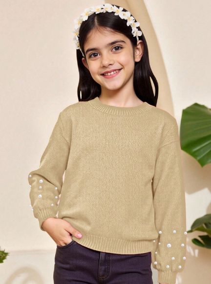 Girls Beige Pearl Embellished Knit Sweater Dress