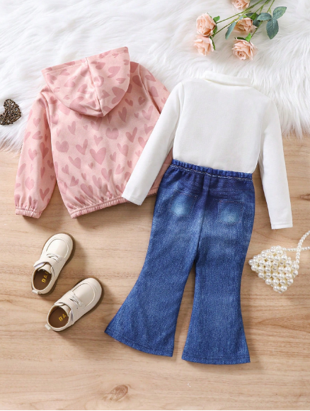Girls Heart Print Hoodie & Flare Pants 3-Piece Set