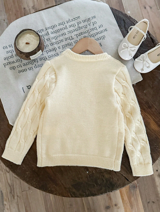Girls Cream Cable Knit Sweater with Black Bow Detail