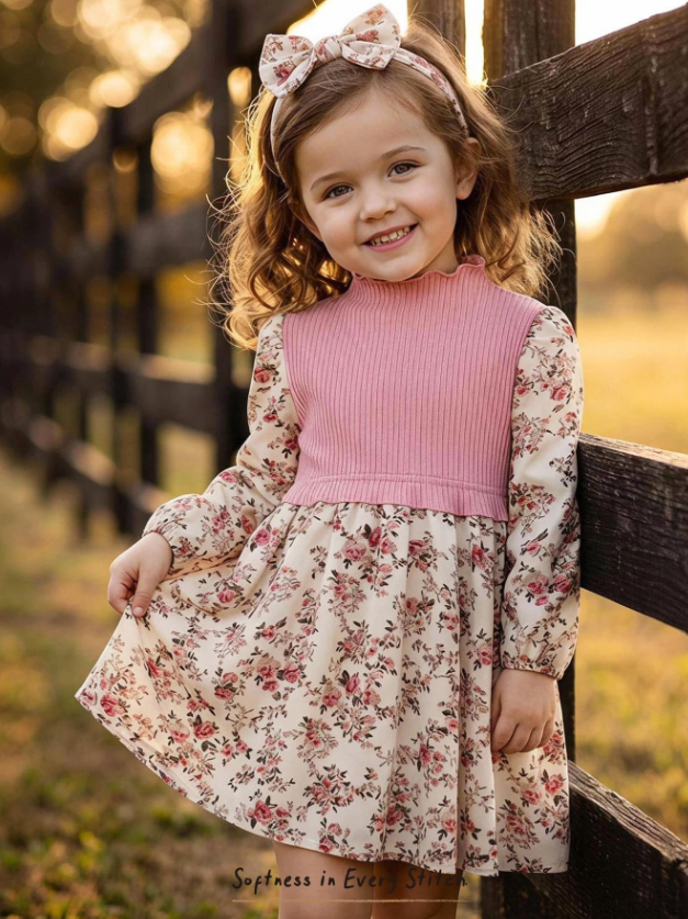 Girls floral long-sleeve dress with pink ribbed bodice — golden hour outdoor shot