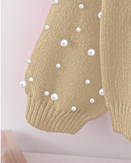 Girls Beige Pearl Embellished Knit Sweater Dress