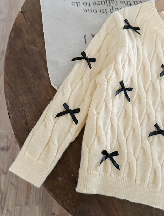 Girls Cream Cable Knit Sweater with Black Bow Detail