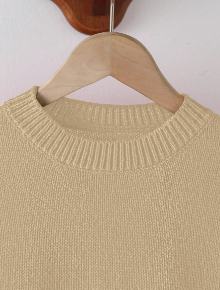 Girls Beige Pearl Embellished Knit Sweater Dress