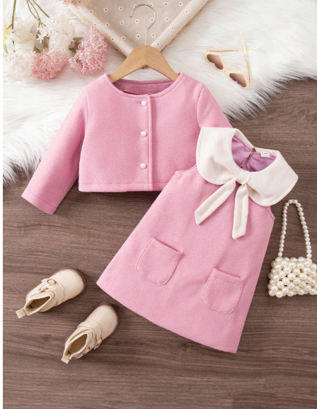 Baby girl pink cardigan jacket and bow collar dress 2-piece set