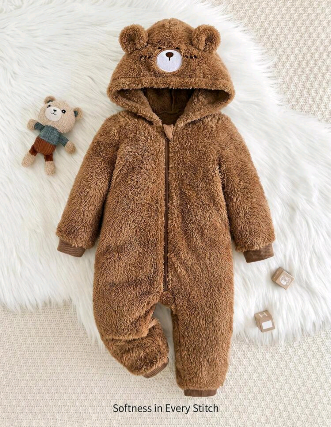 Baby Teddy Bear Hooded Plush Jumpsuit – Brown