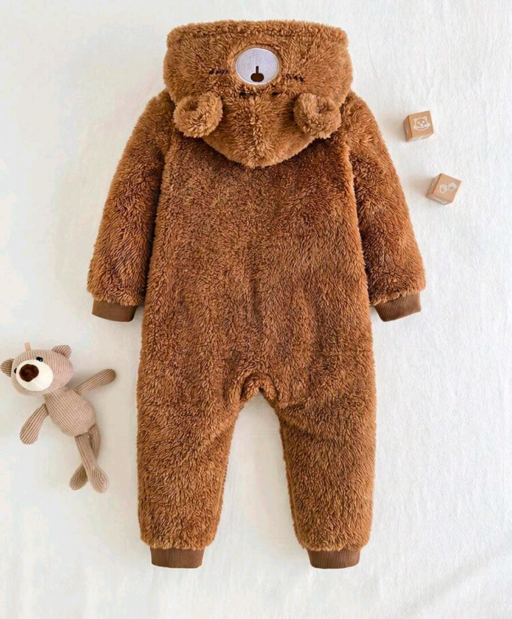 Baby Teddy Bear Hooded Plush Jumpsuit – Brown