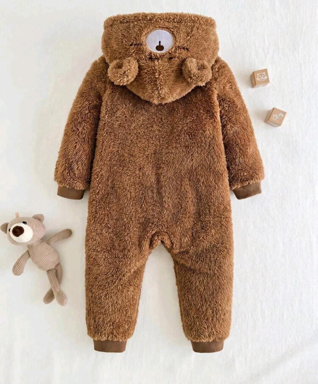 Baby Teddy Bear Hooded Plush Jumpsuit – Brown