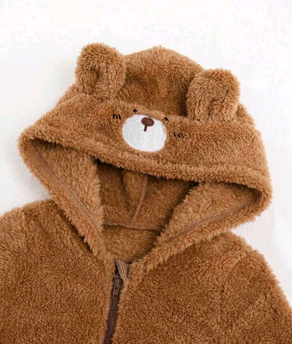 Baby Teddy Bear Hooded Plush Jumpsuit – Brown