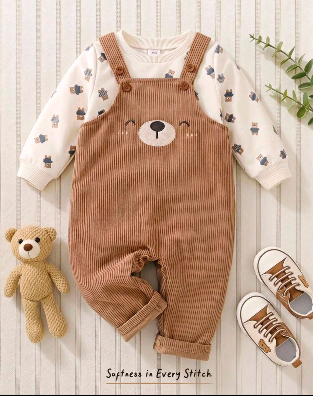 Baby Teddy Bear Dungarees & Printed Top Outfit – Brown & Cream
