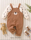 Baby Teddy Bear Dungarees & Printed Top Outfit – Brown & Cream