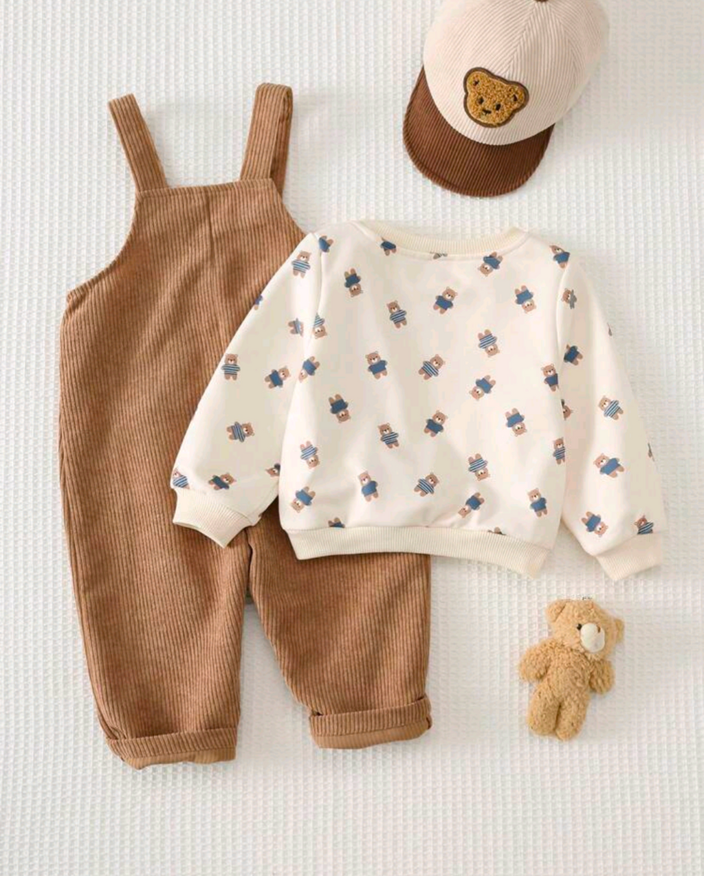 Baby Teddy Bear Dungarees & Printed Top Outfit – Brown & Cream