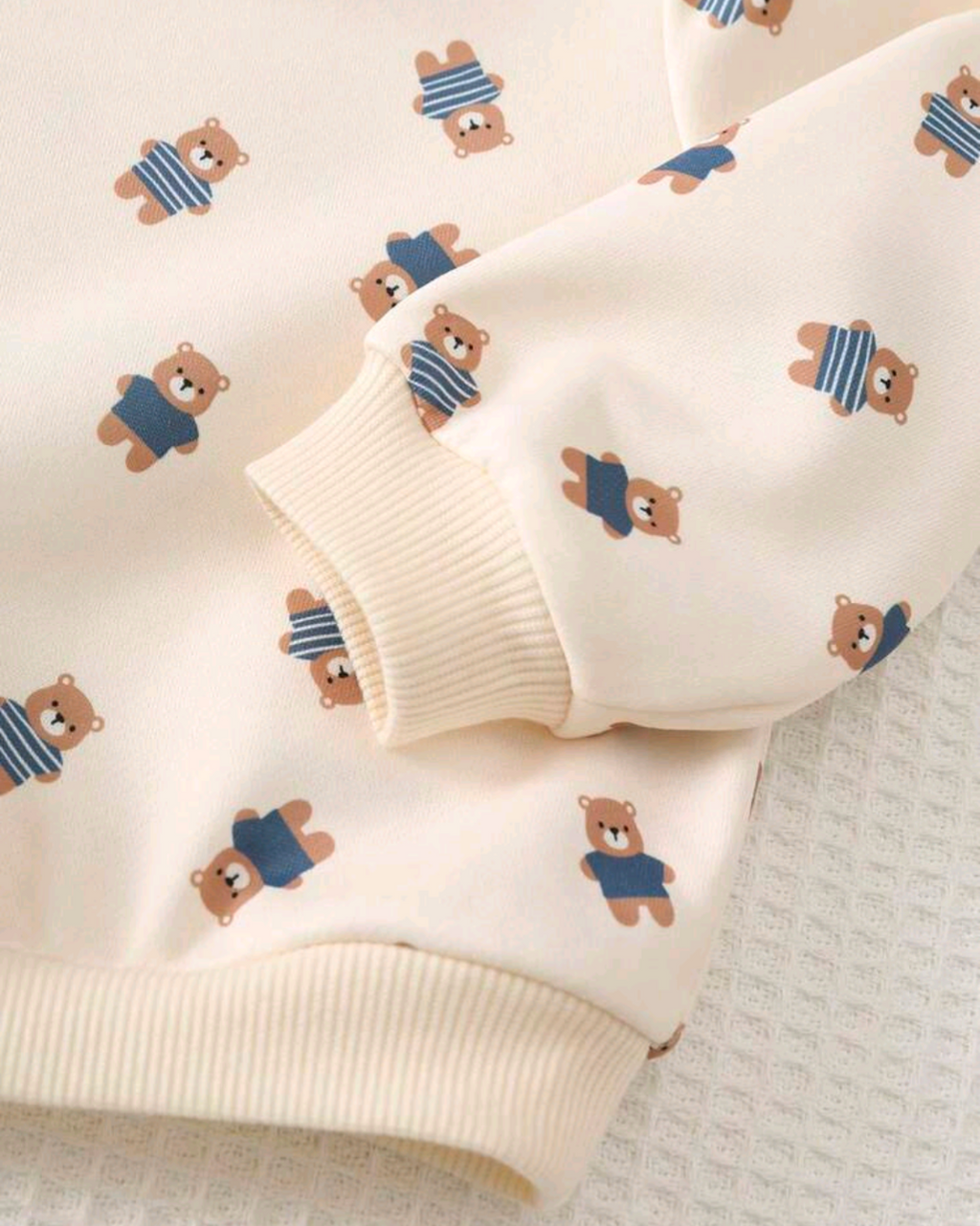Baby Teddy Bear Dungarees & Printed Top Outfit – Brown & Cream