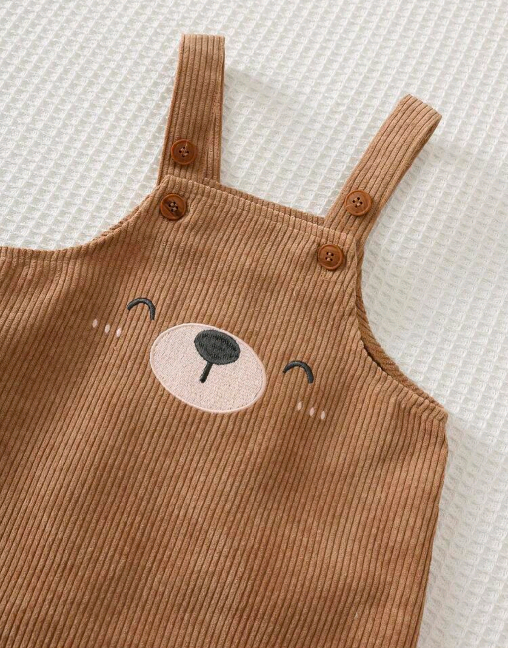 Baby Teddy Bear Dungarees & Printed Top Outfit – Brown & Cream
