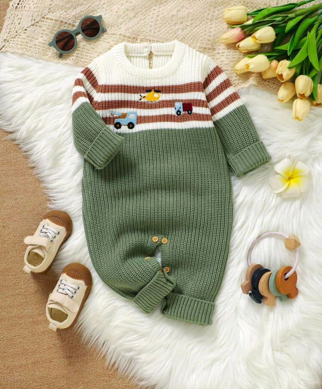 Baby Vehicle Embroidered Knit Romper – Sage Green