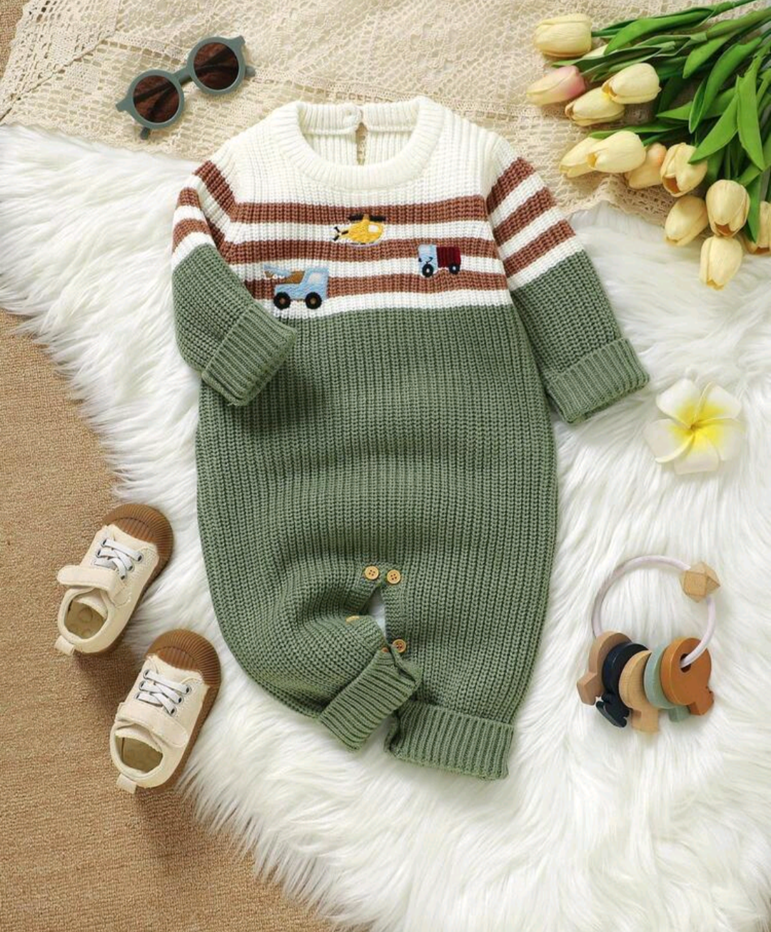 Baby Vehicle Embroidered Knit Romper – Sage Green
