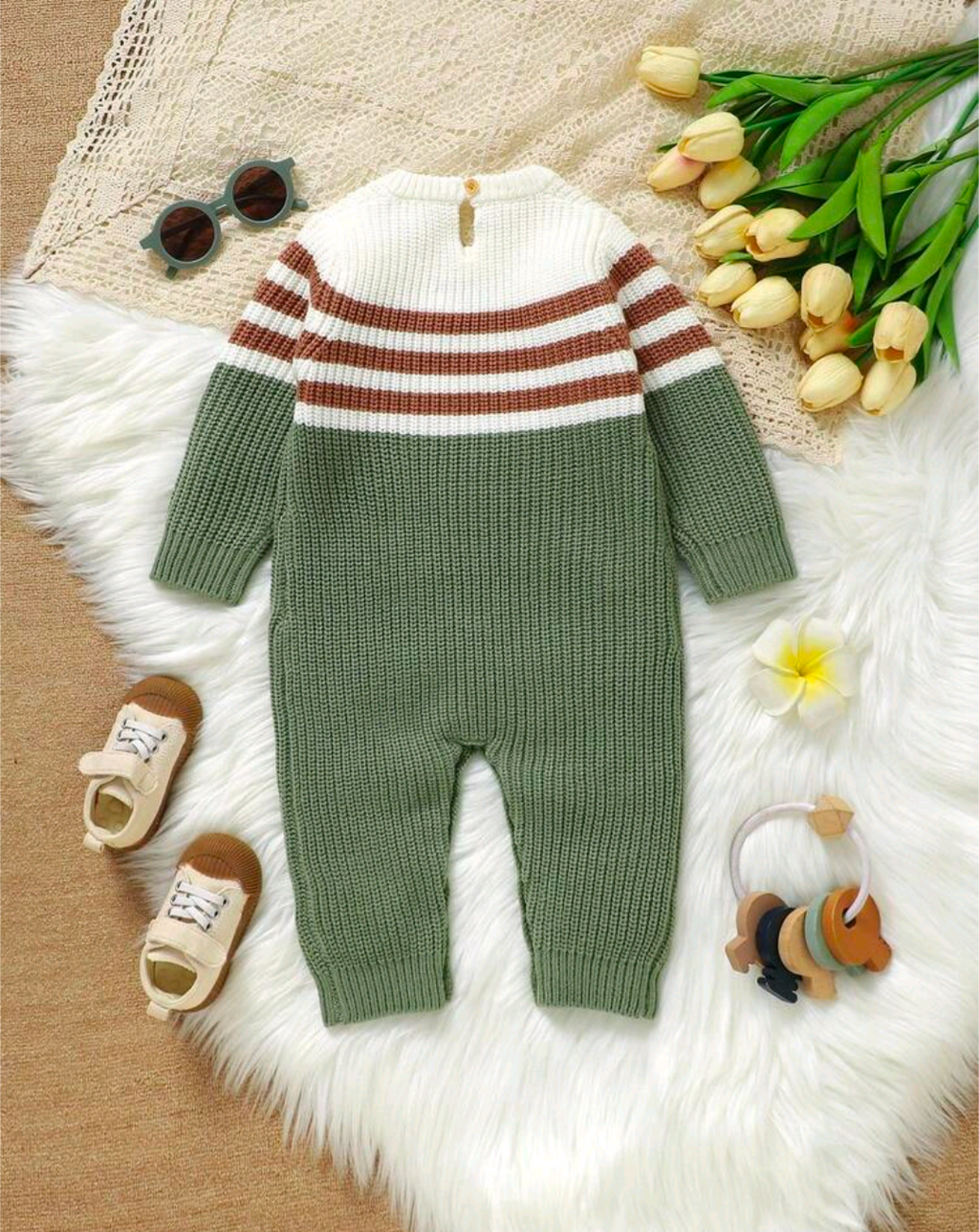 Baby Vehicle Embroidered Knit Romper – Sage Green