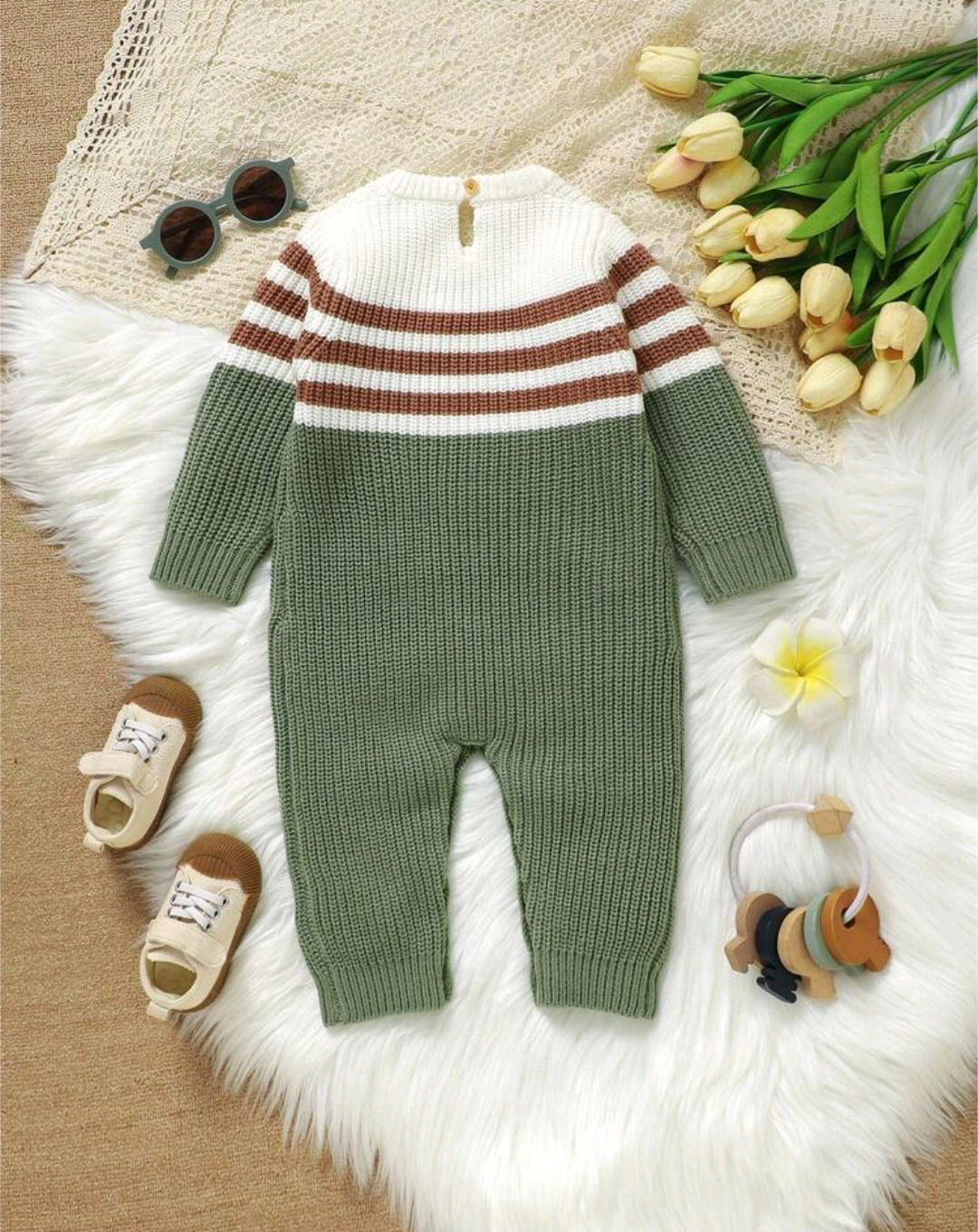 Baby Vehicle Embroidered Knit Romper – Sage Green