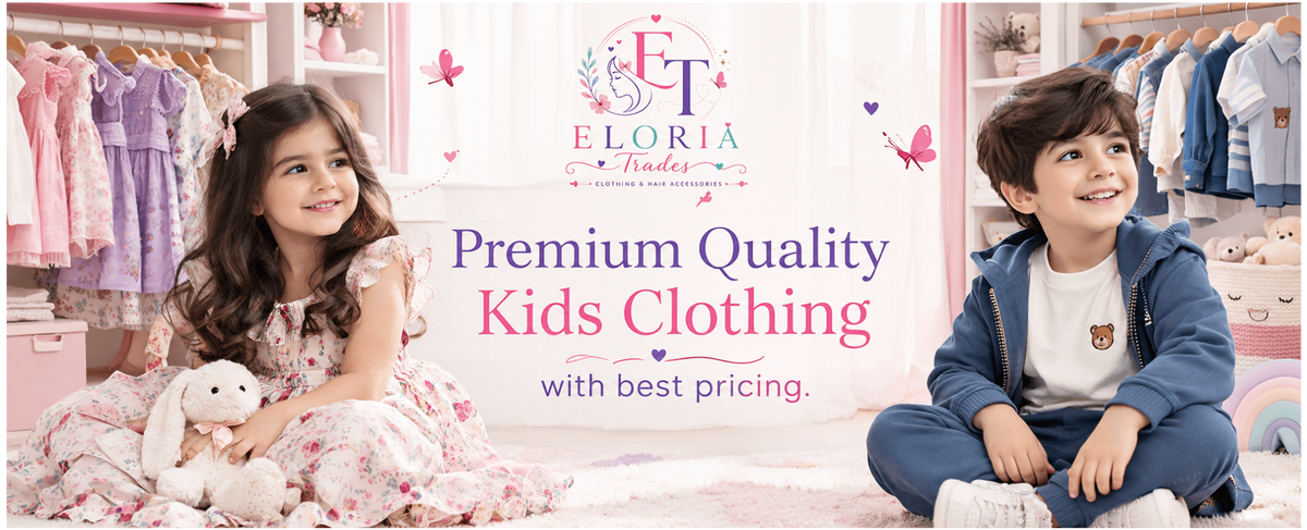 A promotional banner for Eloria Kids Clothing featuring a young girl in a pink floral dress sitting on the left holding a white bunny, and a young boy in a blue zip-up hoodie and jeans sitting on the right. The background shows a pink children's clothing closet with various garments.