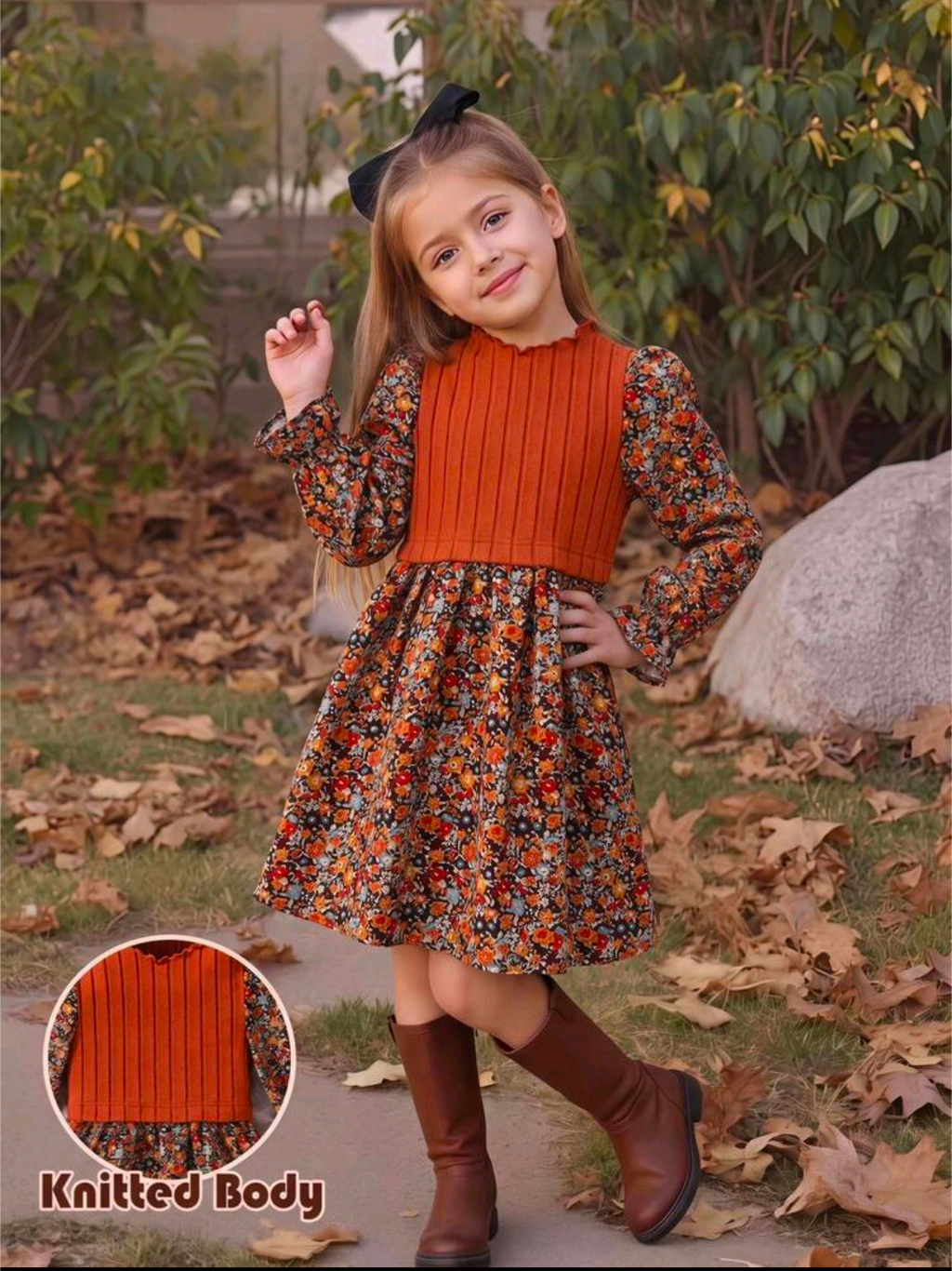 Girls’ Rust Orange Ribbed Floral Long-Sleeve Dress