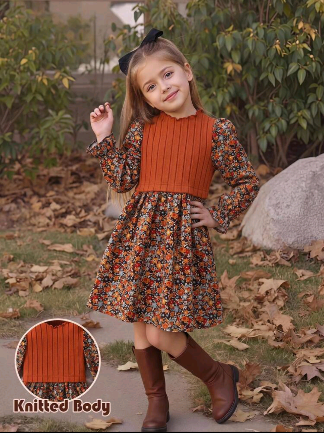 Girls’ Rust Orange Ribbed Floral Long-Sleeve Dress