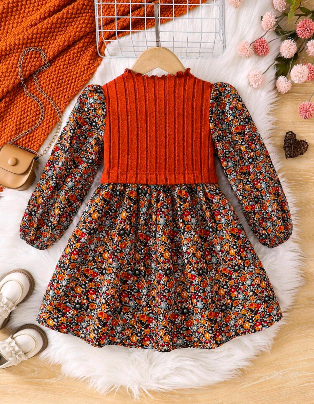 Girls’ Rust Orange Ribbed Floral Long-Sleeve Dress