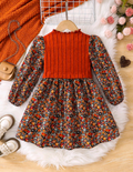 Girls’ Rust Orange Ribbed Floral Long-Sleeve Dress