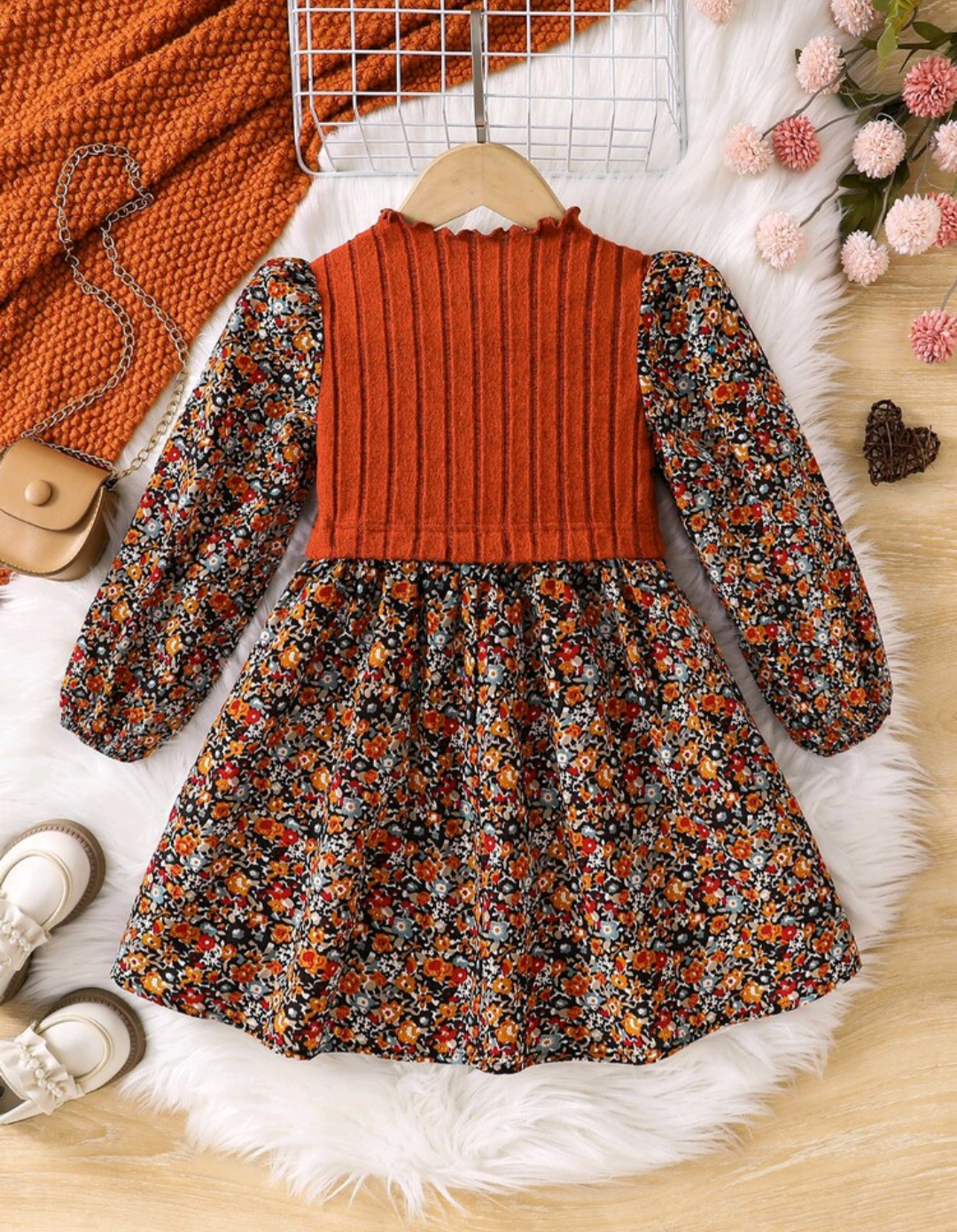 Girls’ Rust Orange Ribbed Floral Long-Sleeve Dress