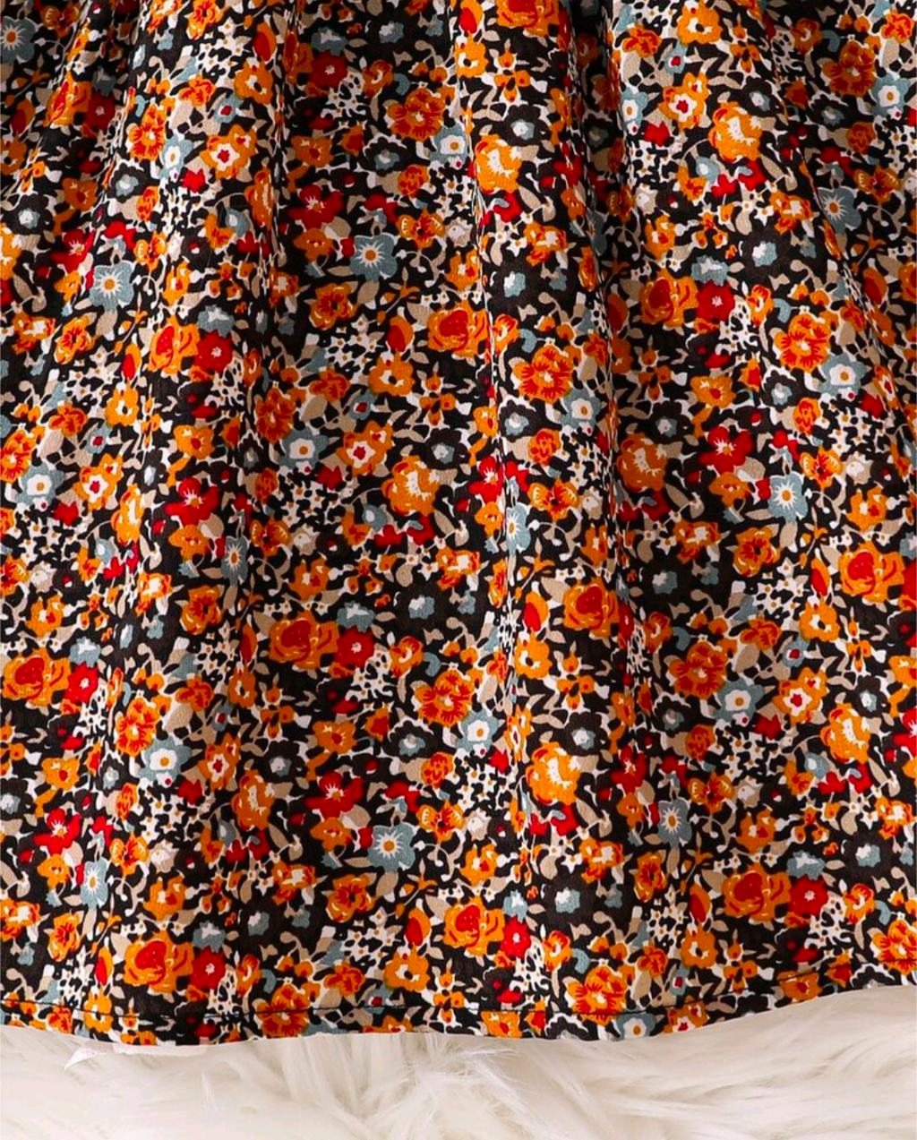Girls’ Rust Orange Ribbed Floral Long-Sleeve Dress