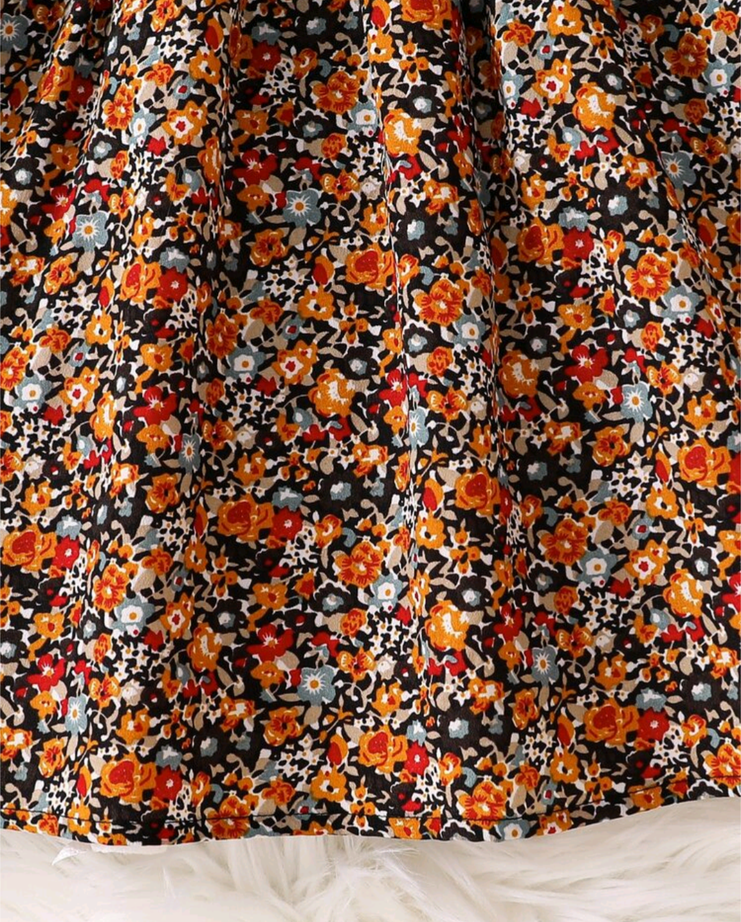 Girls’ Rust Orange Ribbed Floral Long-Sleeve Dress