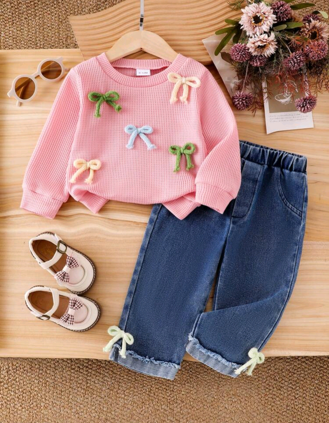 Baby Girls’ Pink Bow Top & Denim Pants 2-Piece Set