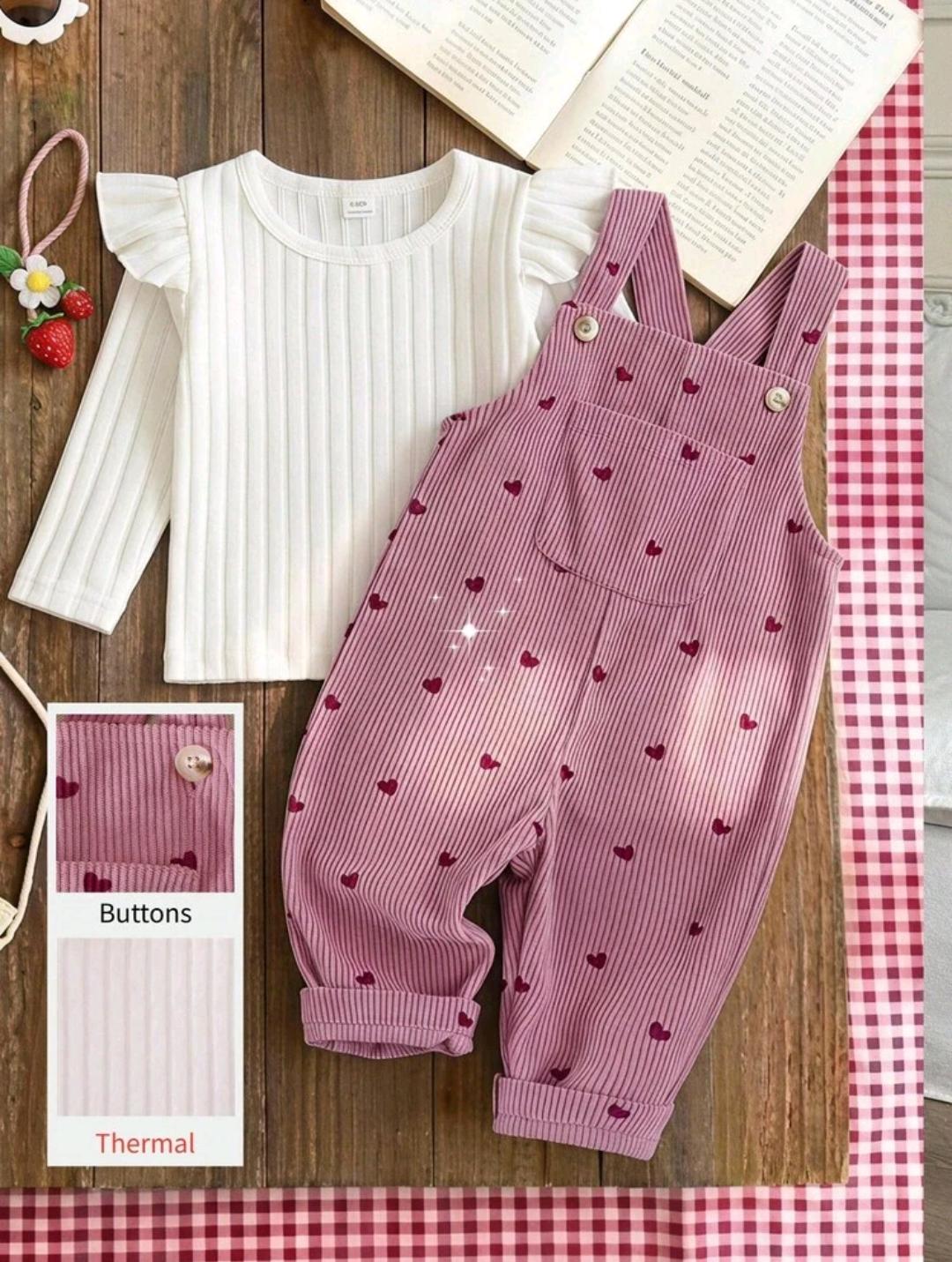 Baby girl pink heart print jumpsuit with white ribbed shirt