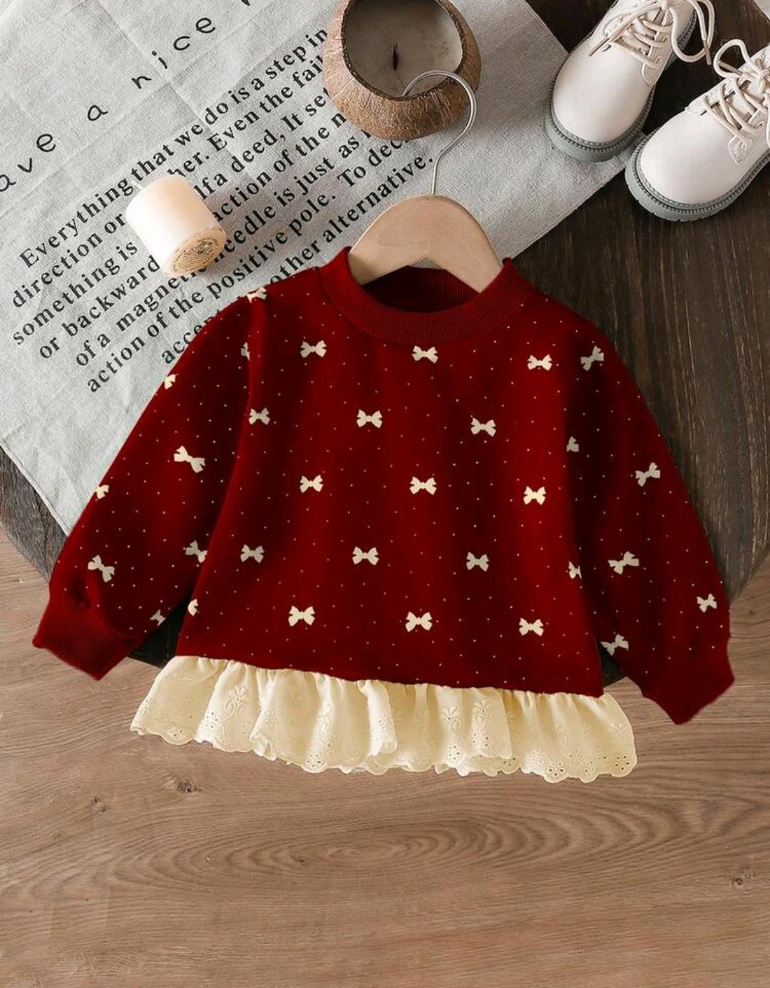 Ruffled Hem Bow Print Sweatshirt for Baby Girls
