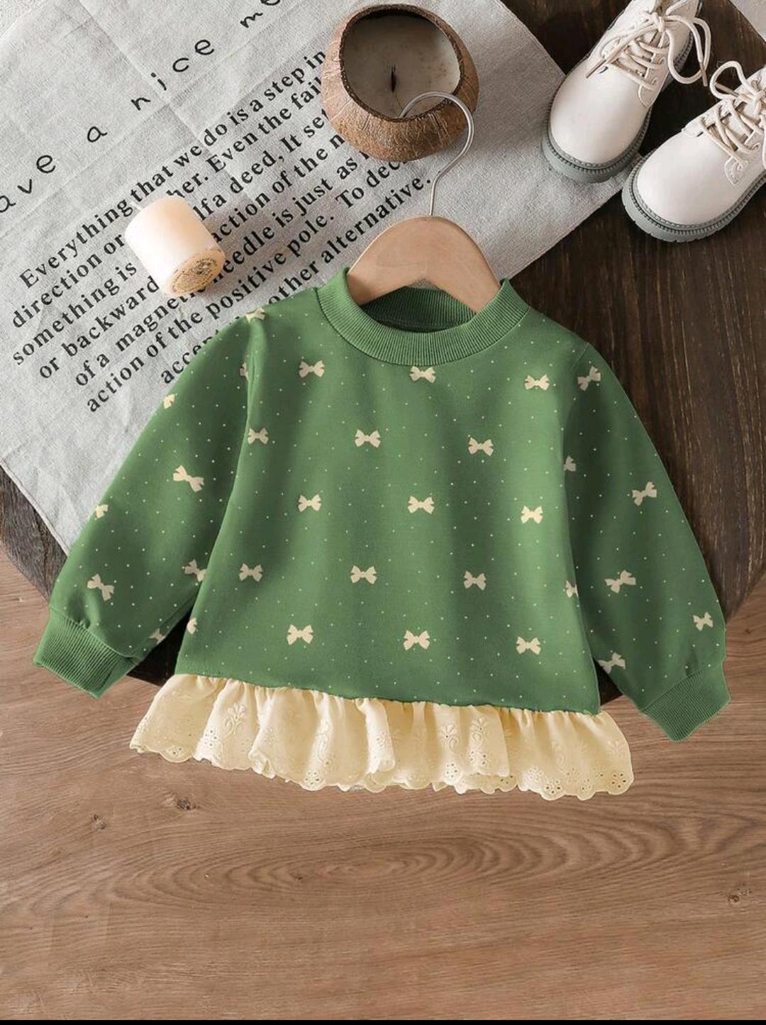 Ruffled Hem Bow Print Sweatshirt for Baby Girls