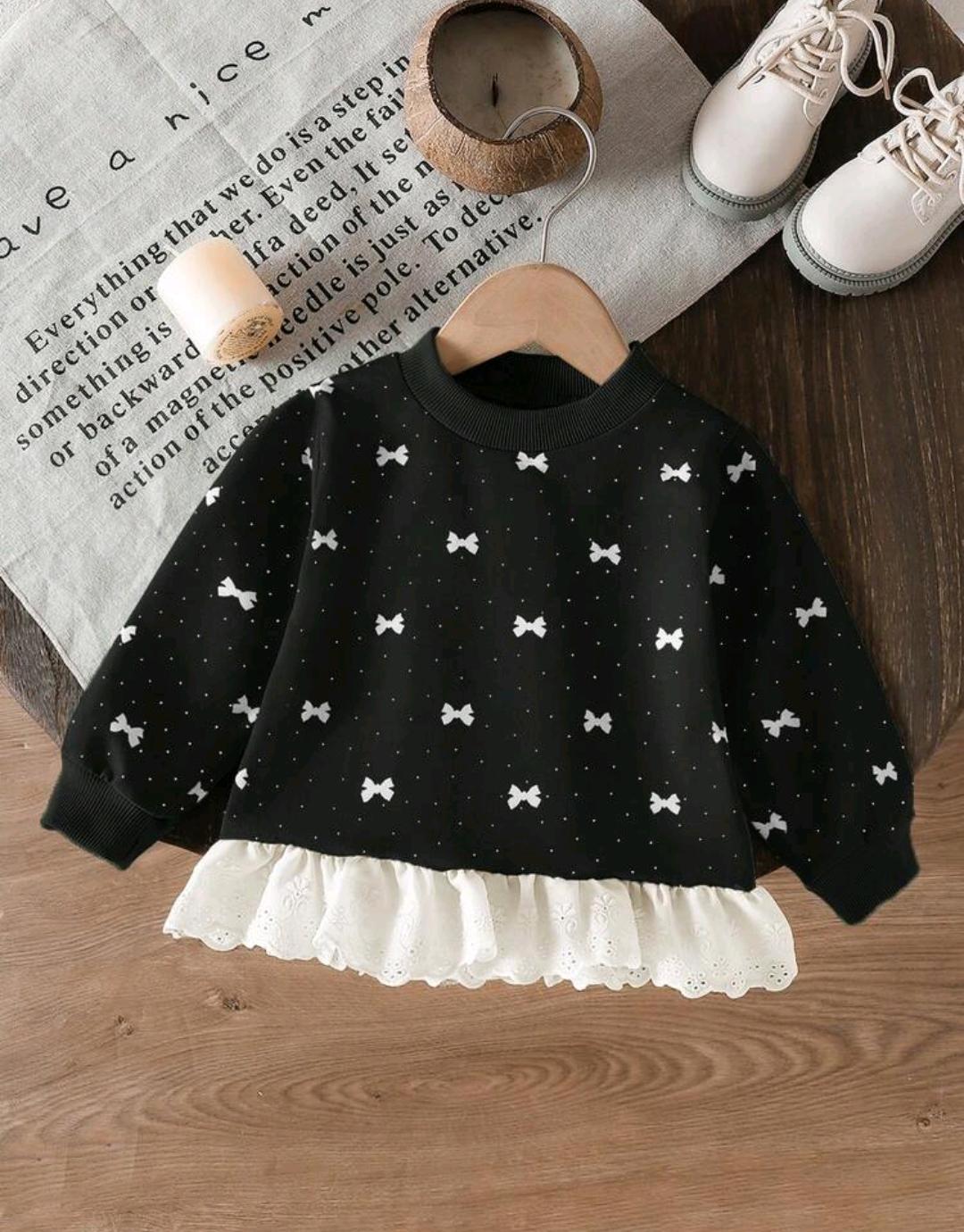 Ruffled Hem Bow Print Sweatshirt for Baby Girls