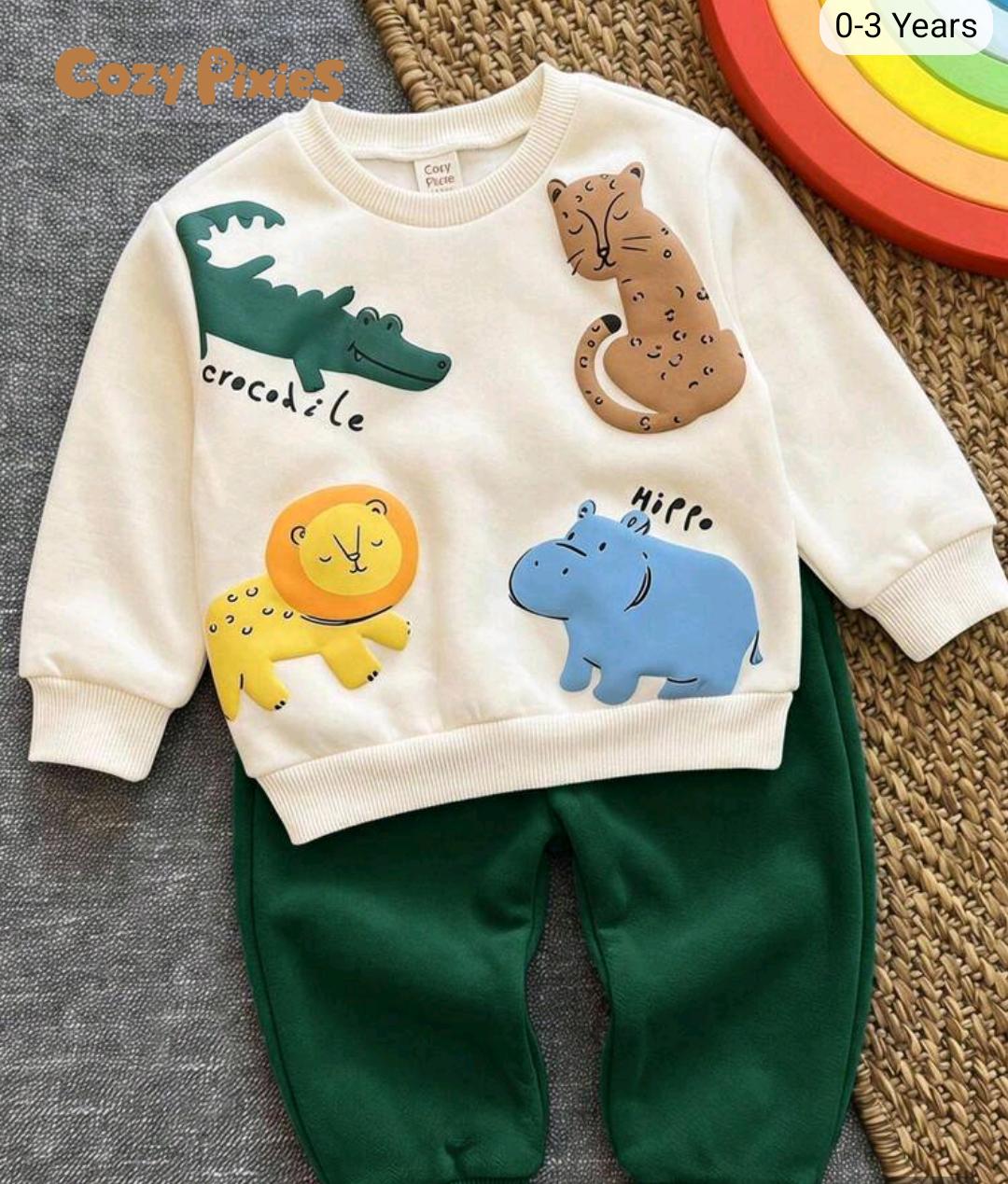 Cute Animal Print Sweatshirt & Trouser Set for Babies & Toddlers