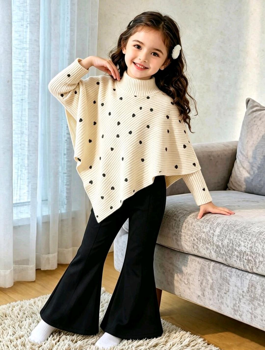 Heart Print Knit Poncho Sweater for Ages 4–7