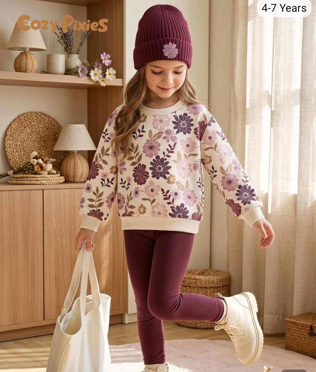 Girls 3-Piece Floral Sweatshirt Set with Leggings & Beanie | Ages 4–7
