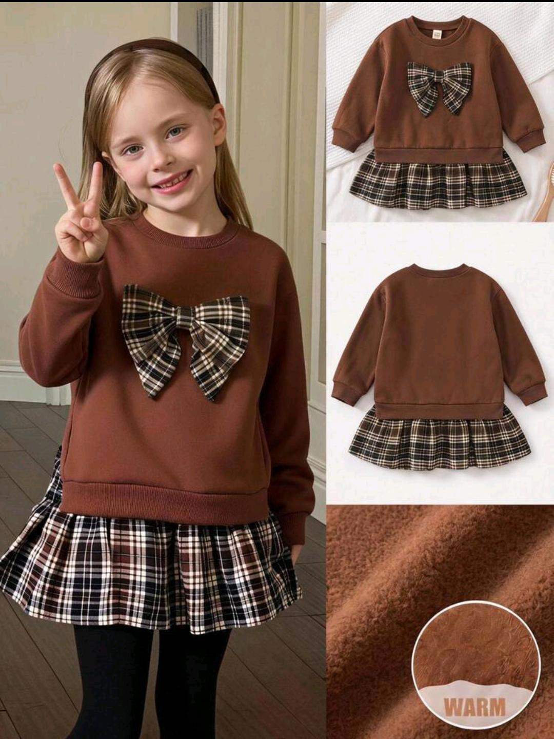 Girls Bow Plaid Sweatshirt Dress | Ages 4–7