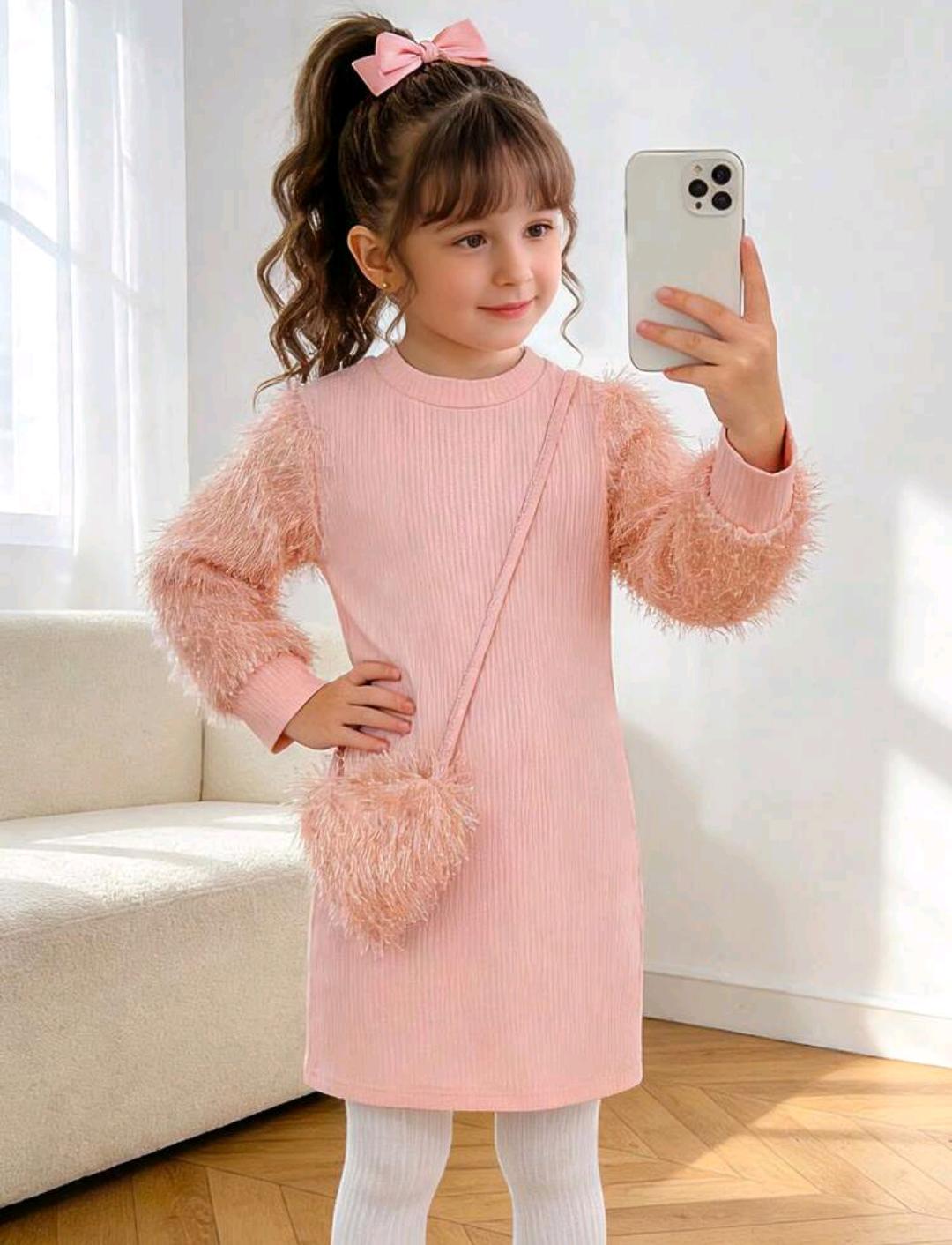 Girls Fluffy Sleeve Knit Dress with Bag | Ages 4–7